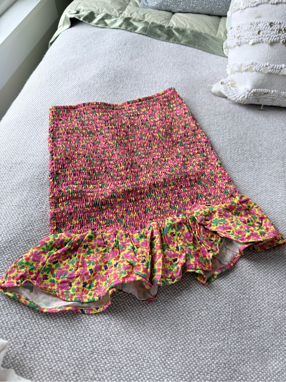 Maaji Pink Floral Smocked Mini Skirt with Ruffle Hem